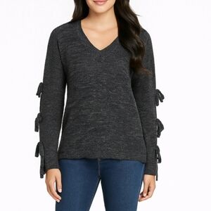 Minnie Rose Sweater Marled Gray Linen Blend Long Sleeves Bows V Neck Size S